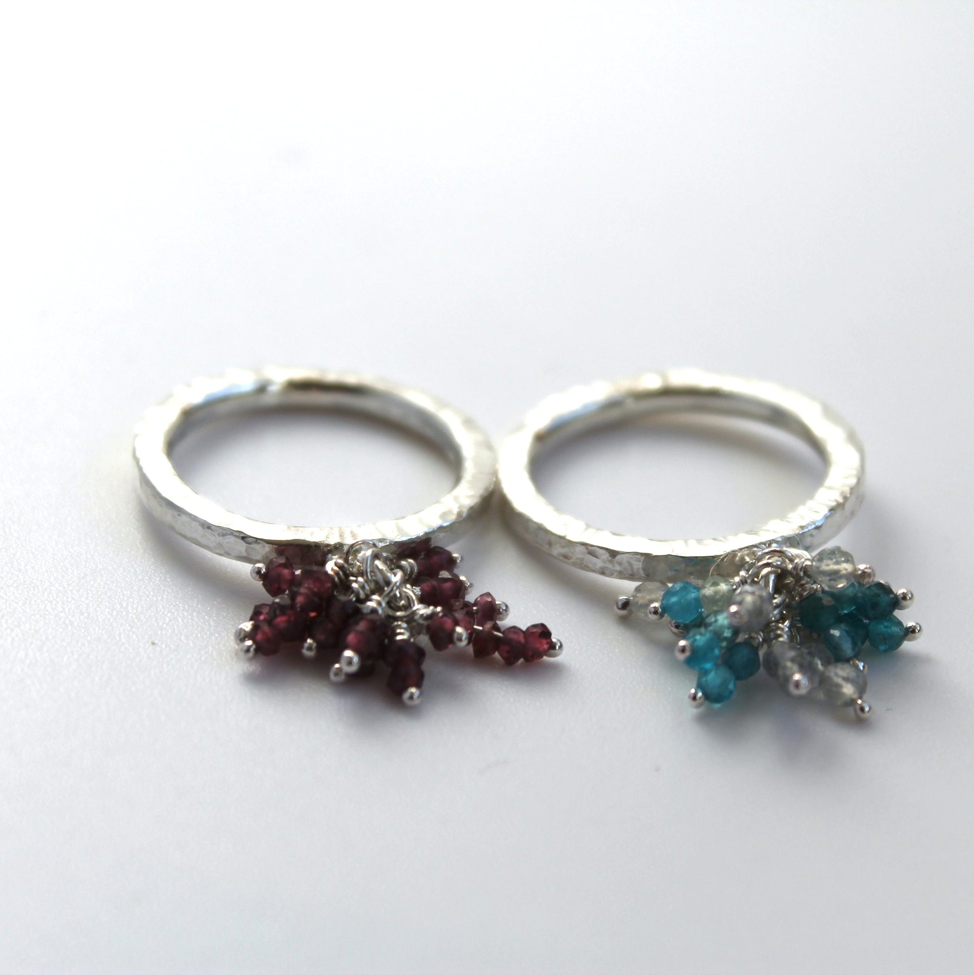 silver hammered gemstone ring blue stones, red stones