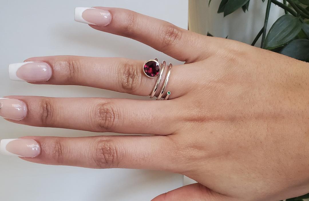 red pink tourmaline and emerald silver ring