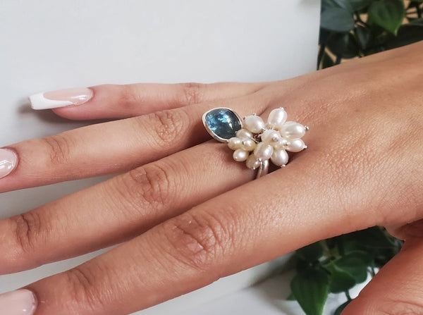 sea blue aquamarine and white pearl ring