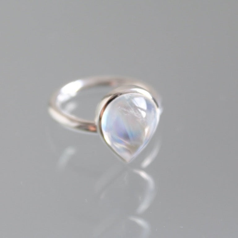 Large 16 x14 moonstone pear silver ring set on round  3mm  band