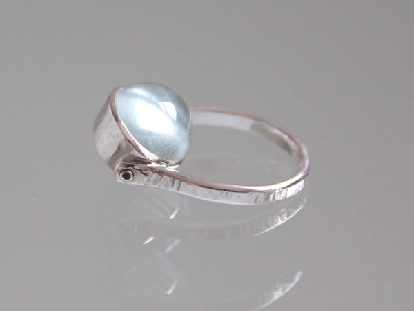 Oval sea blue aquamarine cabochon silver swivel ring