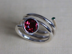 red pink tourmaline and emerald silver ring