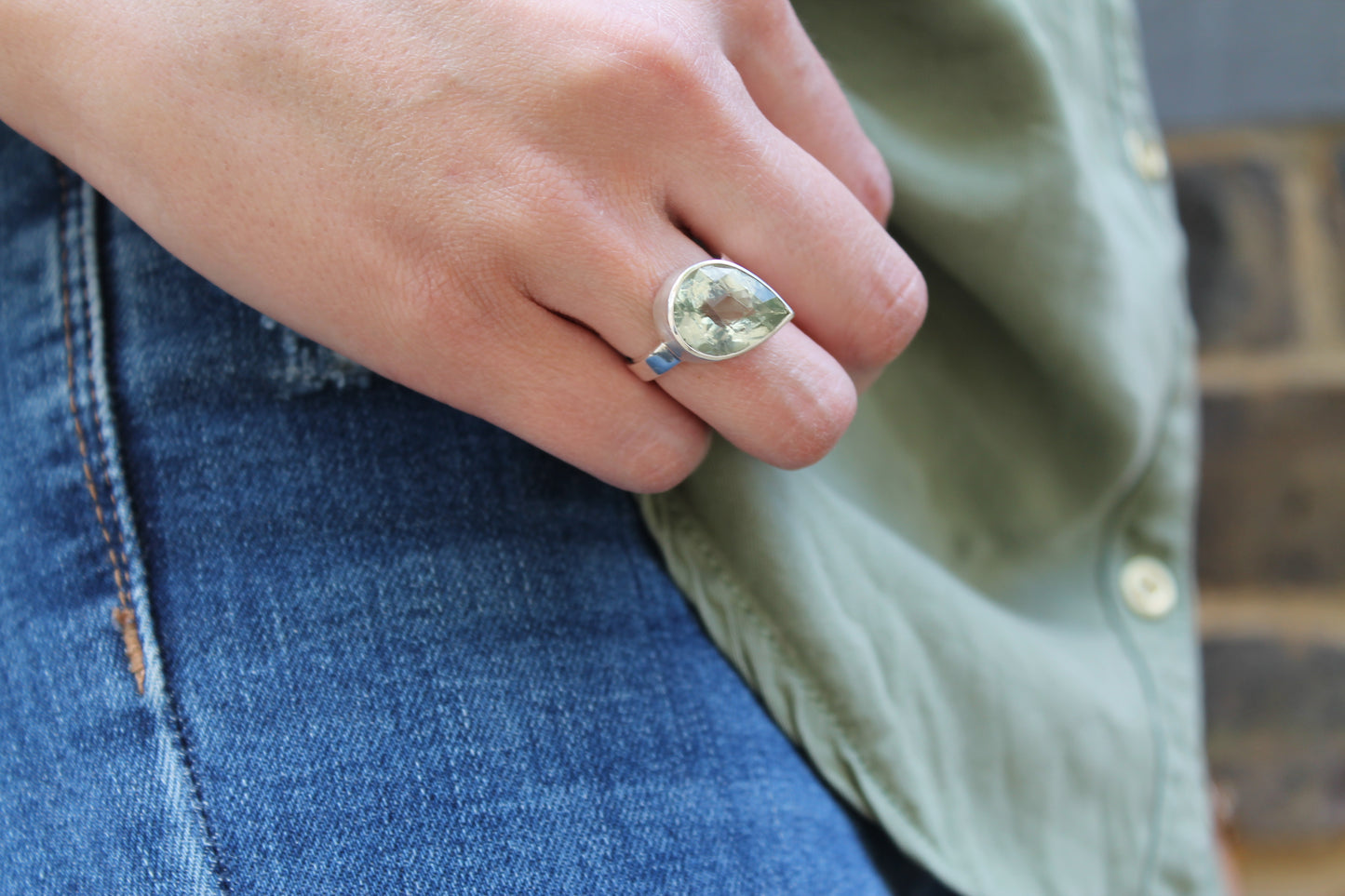 Green amethyst pear ring