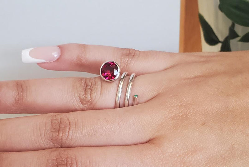 red pink tourmaline and emerald silver ring