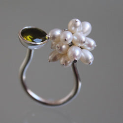 white seed pearls and peridot ring, green stone ring, silver peridot ring