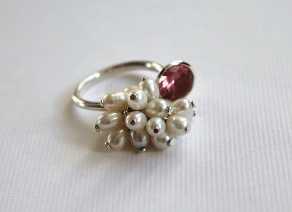 round pink tourmaline open silver band ring with a  bunch of white freshwater pearls